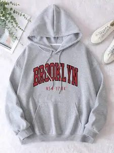 Plus Size Brooklyn New York Letter Graphic Drawstring Thermal Hoodie for Women Cozy Winter Fall Pocket Pullover Drop Shoulder Warm Casual Streetwear Top Long Sleeve