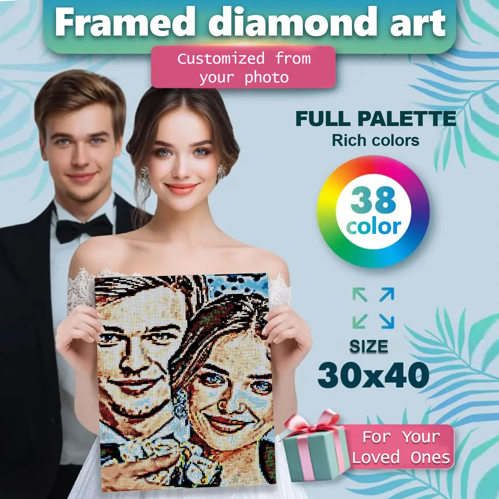 Framed Square-Drill Diamond Art Kit, 30×40cm 38-Color Full-Palette DIY Needlework, Customizable From Your Photo for Wedding & Anniversary Wall Decor