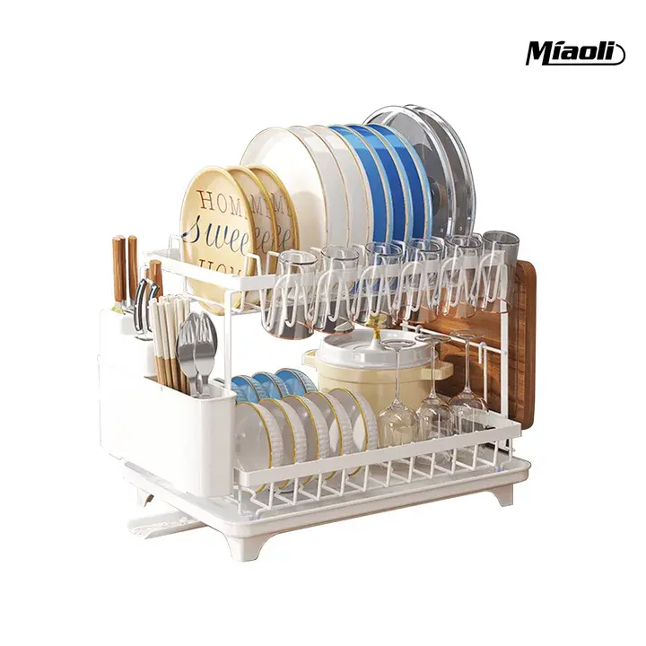 Miaoli Double-Layer Heavy-Duty Metal Dish Rack | Space-Saving Kitchen Storage Rack with Upper and Lower Shelves, Utensil Holder, and Cup Hooks. Ideal for Compact Kitchens. Durable Rust-Resistant Design. STO Kitchen Dish Rack.