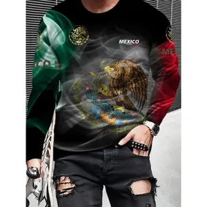 Men's Mexican Art Digital Print Long Sleeve T-Shirt - Soft, Breathable & Comfortable Casual Sportswear with Bold "MEXICO" Graphic Design, Perfect for All Seasons, Black, Versatile Clothing | Cultural Print Shirt | Polyester Spandex Blend