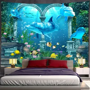 1pc 3D Sea World Shark Fish & Water Plants Pattern Wall Tapestry - Large Polyester Home Decor for Living Room or Bedroom, Vibrant Underwater Scene with Sharks and Coral Reefs, Lightweight & Machine Washable, Ocean Theme Decor