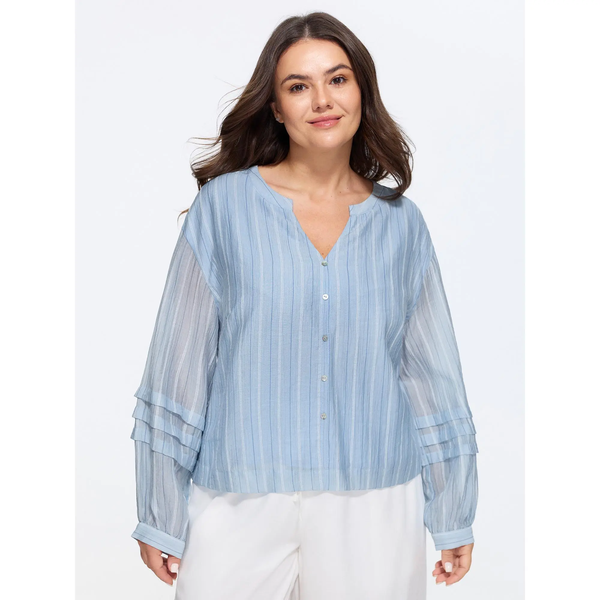 BloomChic Women's Plus Size Casual Striped Blouse, Long Lantern Sleeve Button Front Top in Smooth Polyester Fabric, Tops, Long Sleeve, Shirts