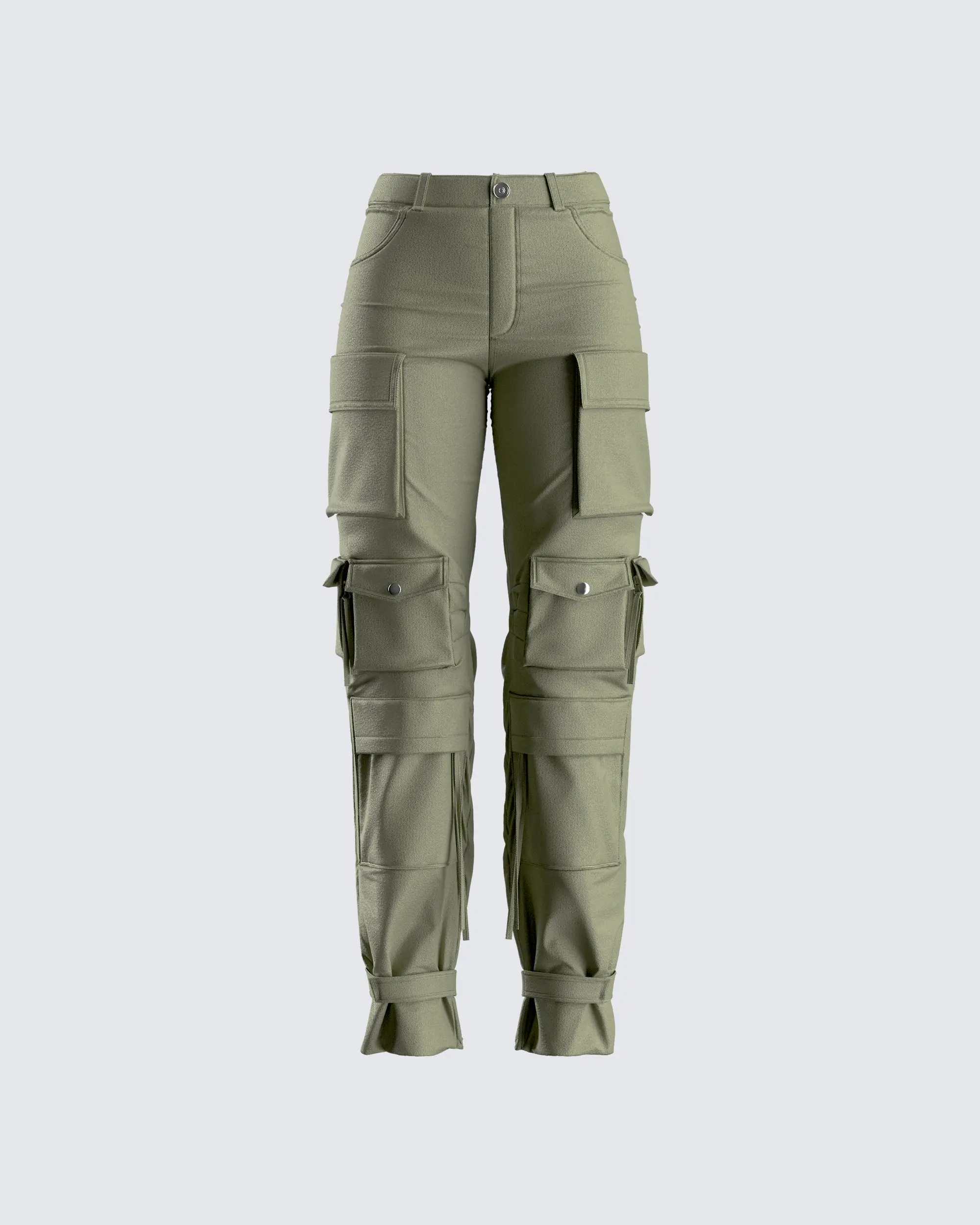 Women's Olive Cargo Pants, Oversized High-Rise Cotton Blend Trousers with Military-Inspired Adjustable Buckles & Ankle Straps, Button, Adjustable Buckle Details, Spandex, Ankle Straps With Buckle Closure