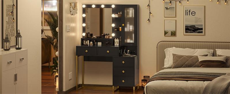 Sikaic Large Makeup Vanity with Nightstand Mirror and Lights & Charging Station 5 Drawers and Storage Shelves