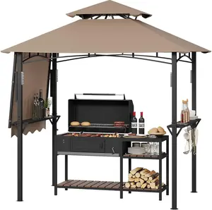 Heavy Duty Double-Tier Grill Gazebo - Steel BBQ Canopy with Side Awnings, 2 Shelves, 10 Hooks, Ceiling Hook, 4 LED Lights - Vented Roof Outdoor Patio Shelter for Backyard, Deck