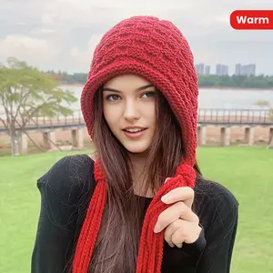 Winter Warm Knitted Polyester Turban Hat for Women 100% Polyester Braided Tassel Cap Hand Washable Stretch Fit Ear Protection Cozy Knit Beanie without Feathers