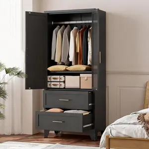 71" Tall Metal Wardrobe Cabinet with 2 Drawers and Hanging Rod, 2 Doors Closet with Shelf for Bedroom, Office, Laundry Room, Entryway, Foyer, Guesthouse – Space-Saving Steel Storage Organizer