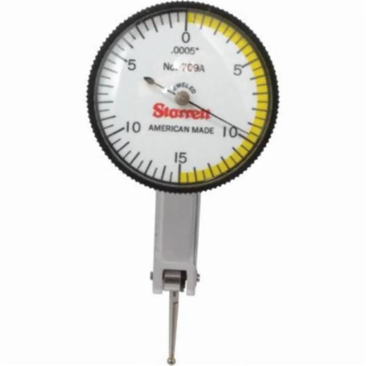 Starrett 709 Series Dial Test Indicator Gauge - 0.812 in, Satin Chrome, 1-3/8 in, Angled Head, Dovetail Mount, Reversible Contact Point, Frictionally Adjustable