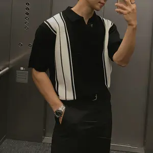 Men’s design-forward black-and-white striped knit polo shirt with a loose drop-shoulder fit—same style as American influencers. Suitable for commuting and dates alike (please refer to the size chart when placing your order, thank you).