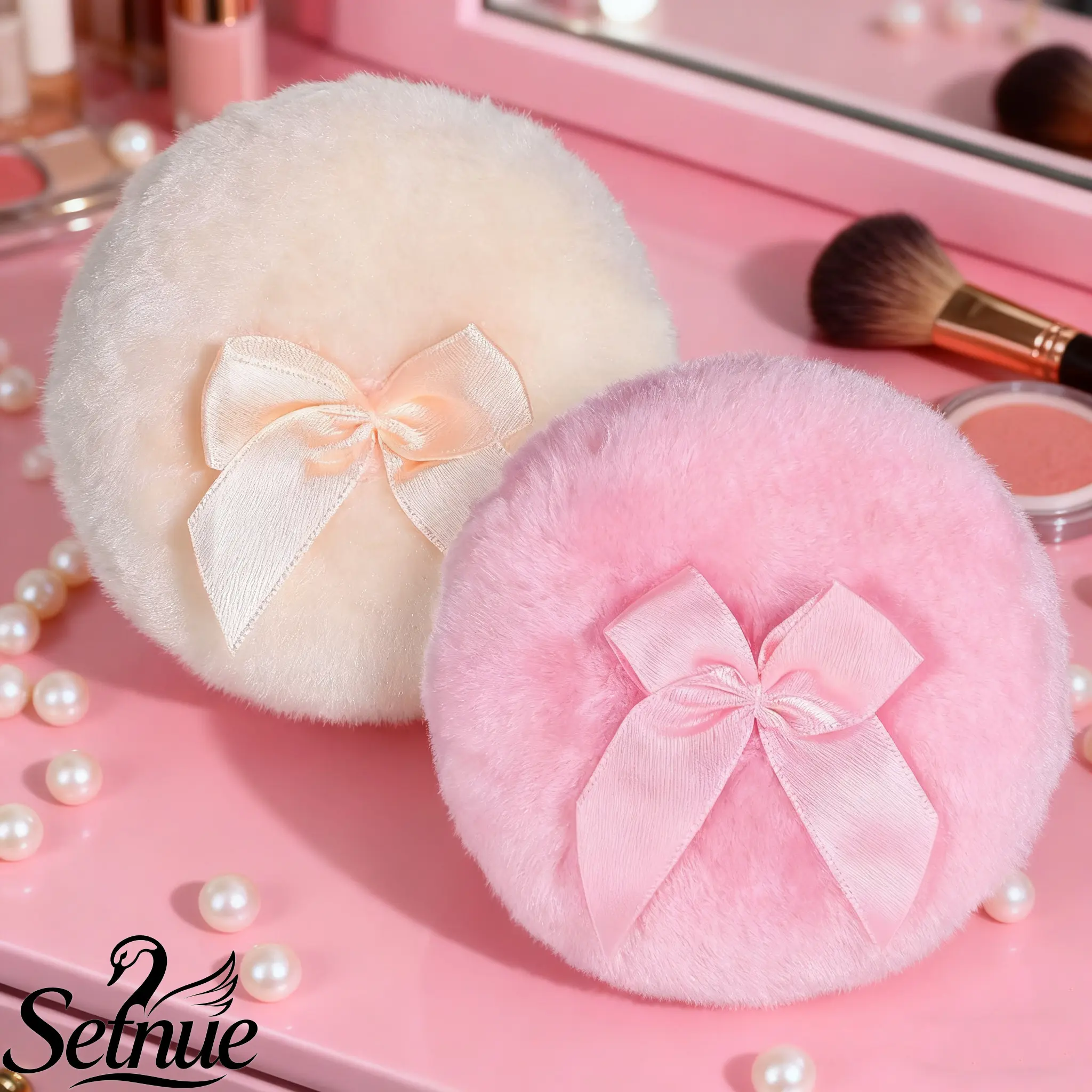SETNUE 2PCS 3.5 Inch Large Fluffy Pad Powder Puffs with Bows, Reusable Soft Round Face Sponge Facial Makeup Tool for Face, Daily Use (8.5cm),summerwins