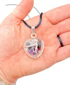 Manifestation Heart Amulet (Manifestation) Pendant with Black Satin Cord, Hypersthene, Amethyst, Selenite, Garnet Metaphysical Properties Healing Crystal