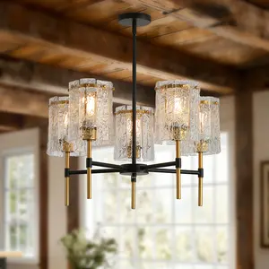 5-Light Black & Gold All-Metal Modern Industrial Adjustable Chandelier, Black Ceiling Fixture with Water Ripple Textured Glass Shade, E26 Bulb Compatible Ambient Light for Indoor Home Dining, Living Room, Adjustable Chandeliers, All-Metal Chandeliers