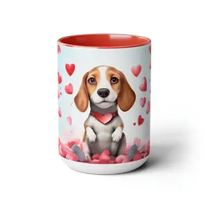 Happy Beagle with Love Hearts: Two-Tone Coffee Mugs, 11oz - Ideal Gift for Him or Her#3681