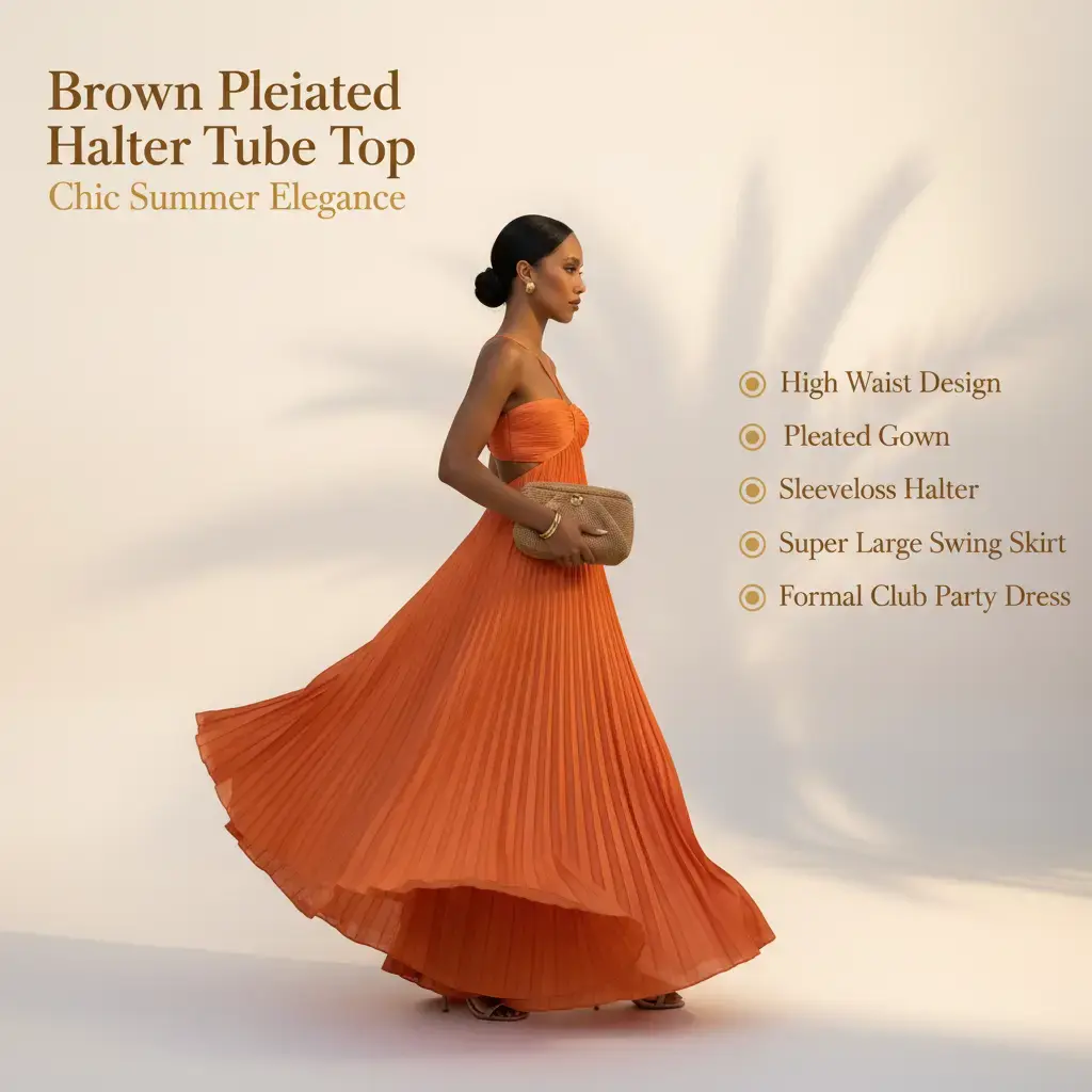 Women's 100% Polyester Fabric Sleeveless Halter Tube Top Pleated Gown - High Waist Solid Color Comfortable 1-Piece Super Large Swing Skirt, Formal Club Party Dress for 2026-2027 Brown Womenswear,summervibes - TikTok Shop Women's 100% Polyester Fabric Sleeveless Halter Tube Top Pleated Gown - High Waist Solid Color Comfortable 1-Piece Super Large Swing Skirt, Formal Club Party Dress for 2026-2027 Brown Womenswear,summervibes - TikTok Shop