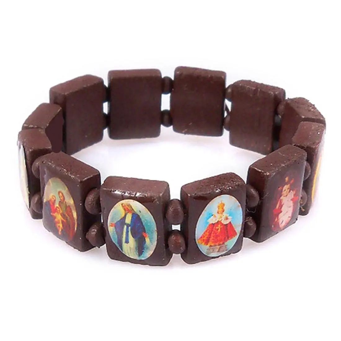 imixlot 2 PCS Wood Beads Small Squares with Pictures Icons of Jesus Mary and More Saints Bracelet Elastic Adjustable Bangles Free Style