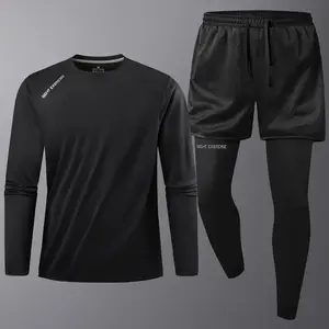 Men's Fitness Sports Suit, Quick-Dry Long Sleeve for Gym and Two-Piece Look Jogger Pants, Running Training Set, Night Exercise