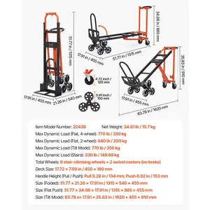VEVOR 3 in 1 Industrial Convertible Stair Climbing Cart, 770 lbs Max Load, Folding Hand Truck Dolly with Handle Wheels, Stair Climbing Utility Trolley for Transport Moving, Orange Silver