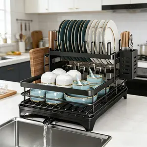 2 Tier Dish Drying Rack with Drainboard, Large Capacity Dish Drainer with Utensil Holder, Space-Saving Kitchen Counter Organizer for Plates, Bowls, Cups, Cutlery, Knives