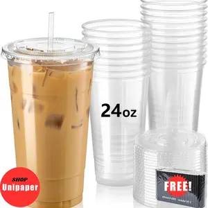 Unicup 24oz Clear Plastic Cups with Lids Plus 250ct Paper Straws for FREE Disposable Pack