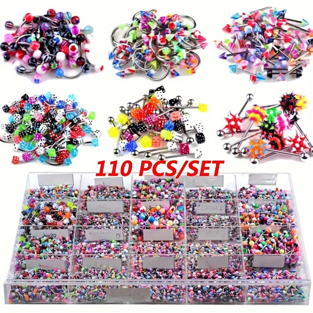 105/110pcs Punk Style Body Jewelry Set - Acrylic Bead, Stainless Steel Rod, Includes Tongue Bell, Eyebrow Rings, Navel Hoops, Lip Plugs, Nose Rings for Daily Wear & Parties Piercing ,Tongue nail nose ring eyebrow nail lip nail