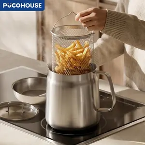 304 stainless steel oil filter pot Household kitchen with fine strainer with frying basket 67oz large capacity frying pot Durable with lid oil residue separation lard tank Utensils Kitchenware