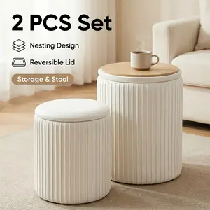 Set Of 2 Round Storage Ottomans with Lids - Upholstered Vanity Stools, Hidden Storage Benches for Living Room, Sturdy Coffee Table Alternative, Easy Assembly