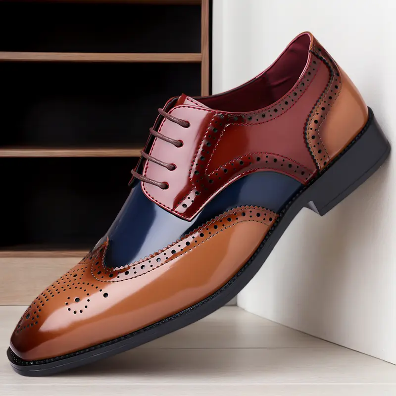 Men’s Classic All Black Oxfords - Korean Style, Wingtip Toe, Refined Front, Patent Leather, Lace-Up, Closed Design, Brogue Detailing, Chic Minimalist, Breathable, Double Laces, for Business,Formal Events - Men’s Shoes