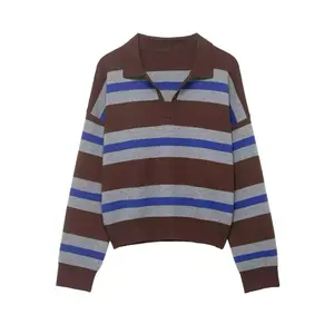 Rae: Brown Stripe Collar Sweater with Blue and Gray Stripes for Cozy Style