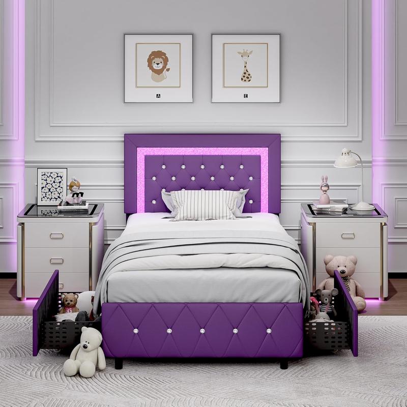 HOMBCK Bed Frame with Lights and Drawers,  No Mattress,  Diamond Headboard, Faux Leather, Modern Style, No Box Spring Needed, Easy Assembly
