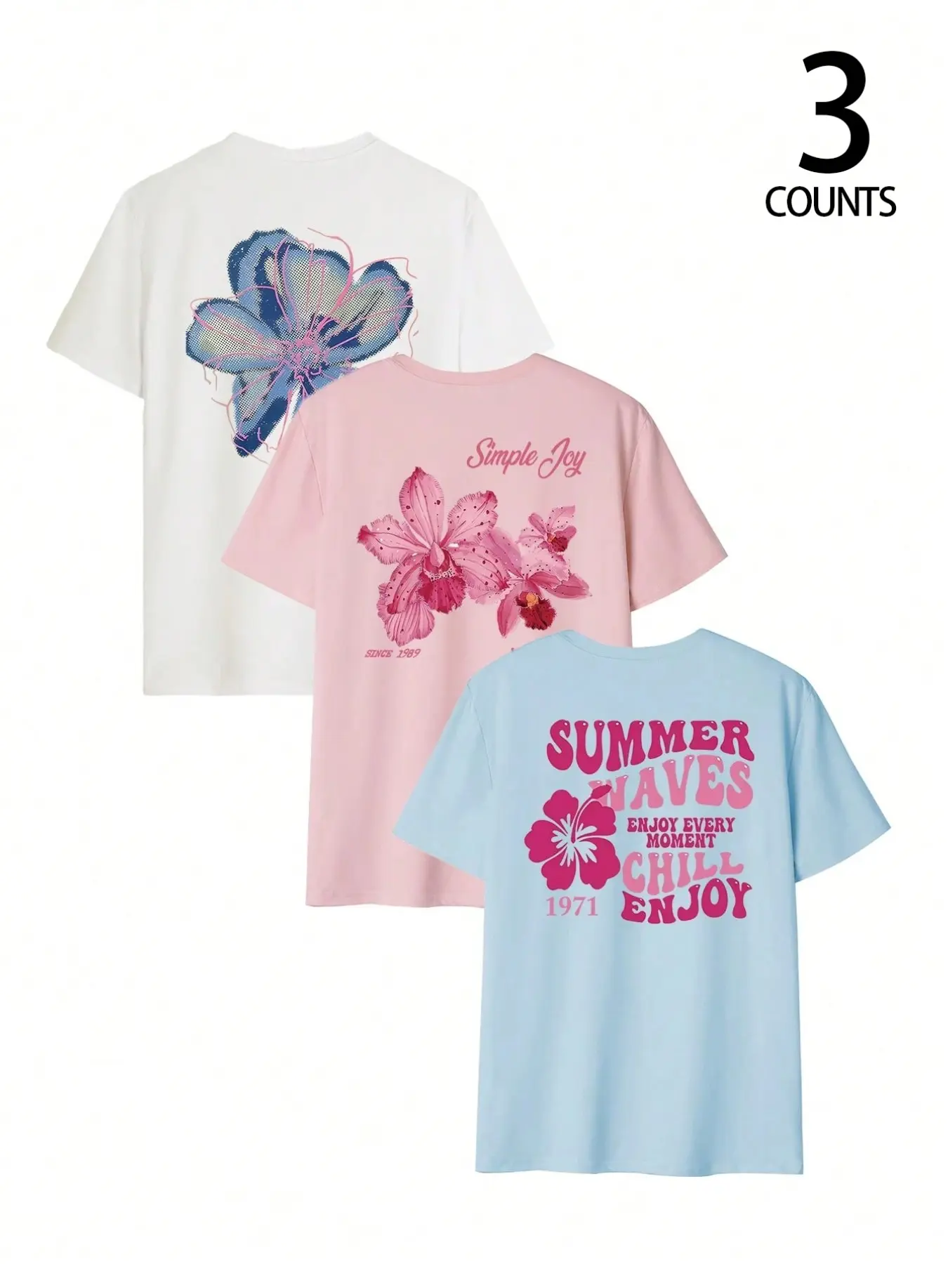 Summer Floral Print T-Shirt Set, Casual Loose-Fit Short Sleeve Tops, Breathable Cotton, Blue Colors, Unique Back Prints