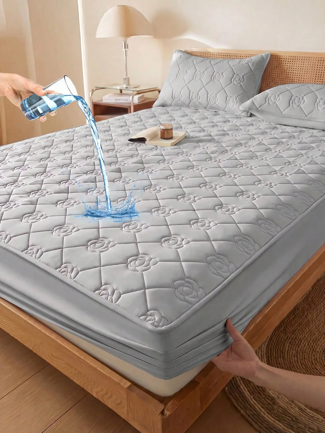 Gray Rose Waterproof Quilted Fitted Bed Sheet Set - Soft, Breathable Bed Set with 11.8 in Deep Pocket for Home, Hotel Use