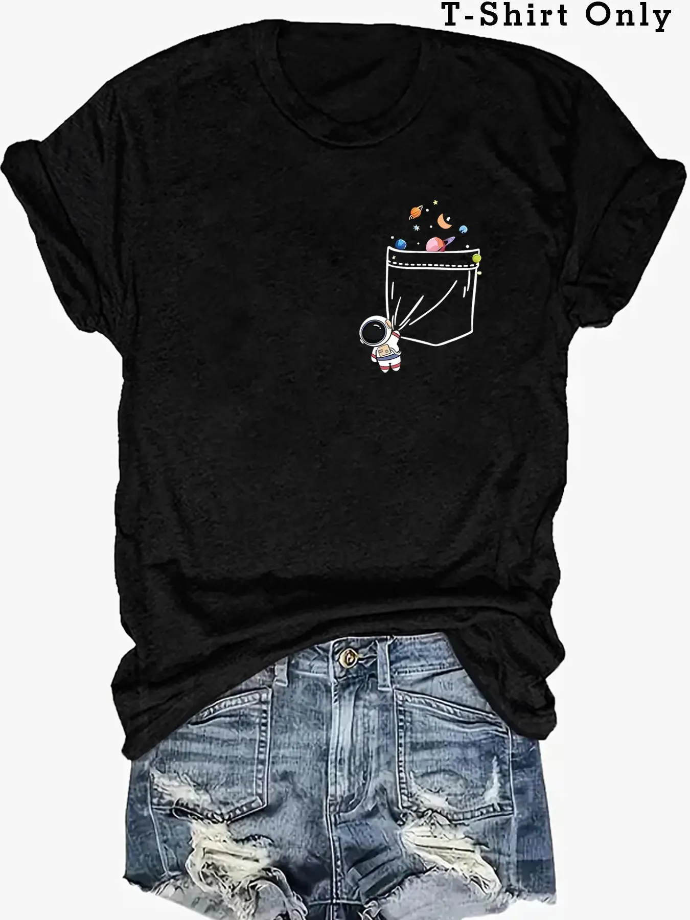 【Plus Size】 Cartoon Astronaut Print Round Neck Tee, Casual Short Sleeve Crew Neck T-Shirt for Summer, Women's Clothing for Daily Wear, Casual Fashion Shortsleeve