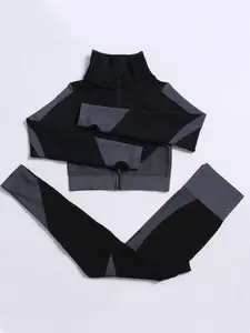 Two-Piece Set Women's Tracksuit Set, Sporty Breathable Quick Drying Seamless Workout Set, Long Sleeve Zip Up Crop Jacket & High Waist Leggings, Ladies Sportswear for Indoor Outdoor Wear, Sweat Suit Set