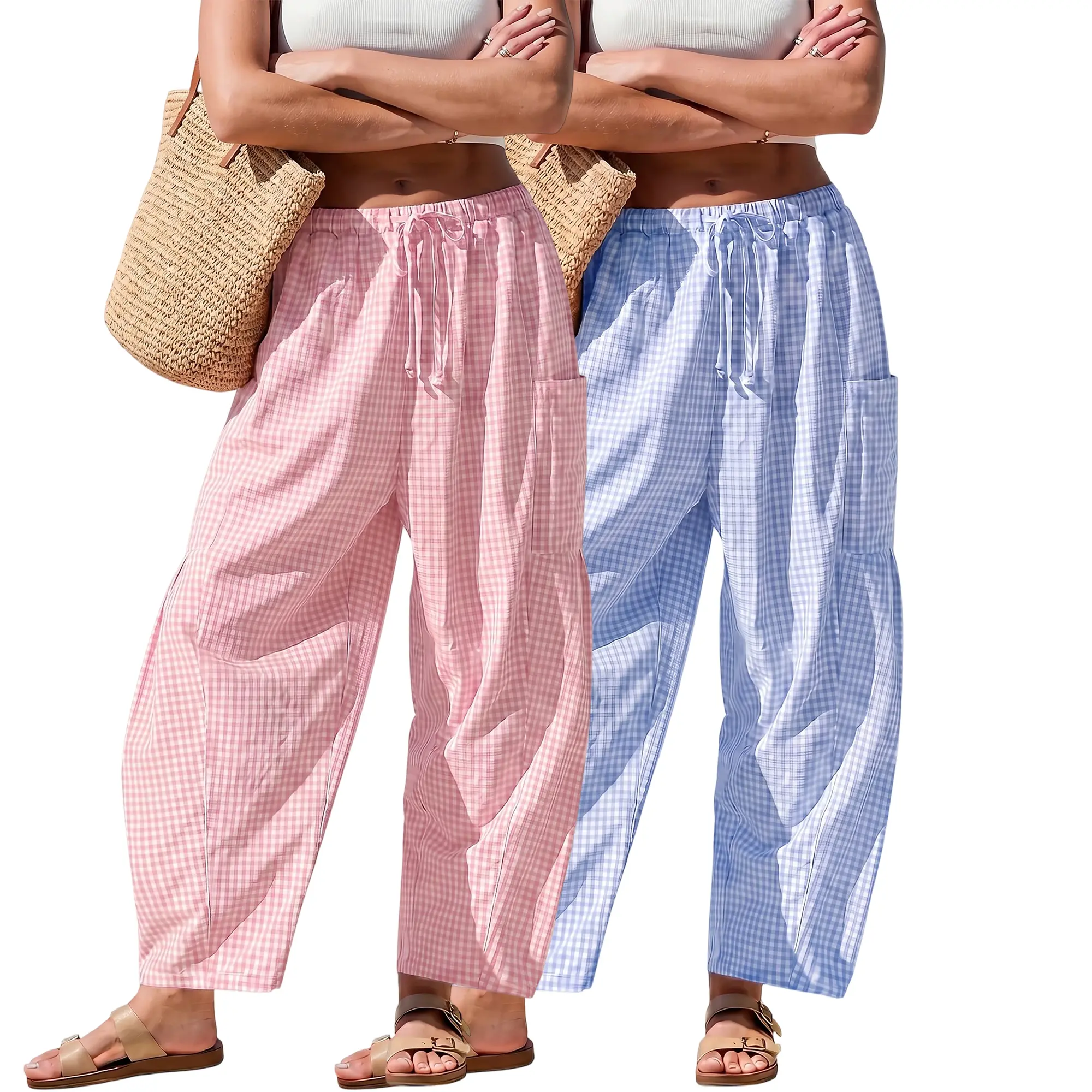 Women’s 2-pack summer plaid wide-leg casual pants, 55% cotton material; comfortable loose, elegant harem pants; breathable, elegant balloon pants; elastic drawstring waistband with side pockets; suitable for everyday wear, home, sleep, and vacations.