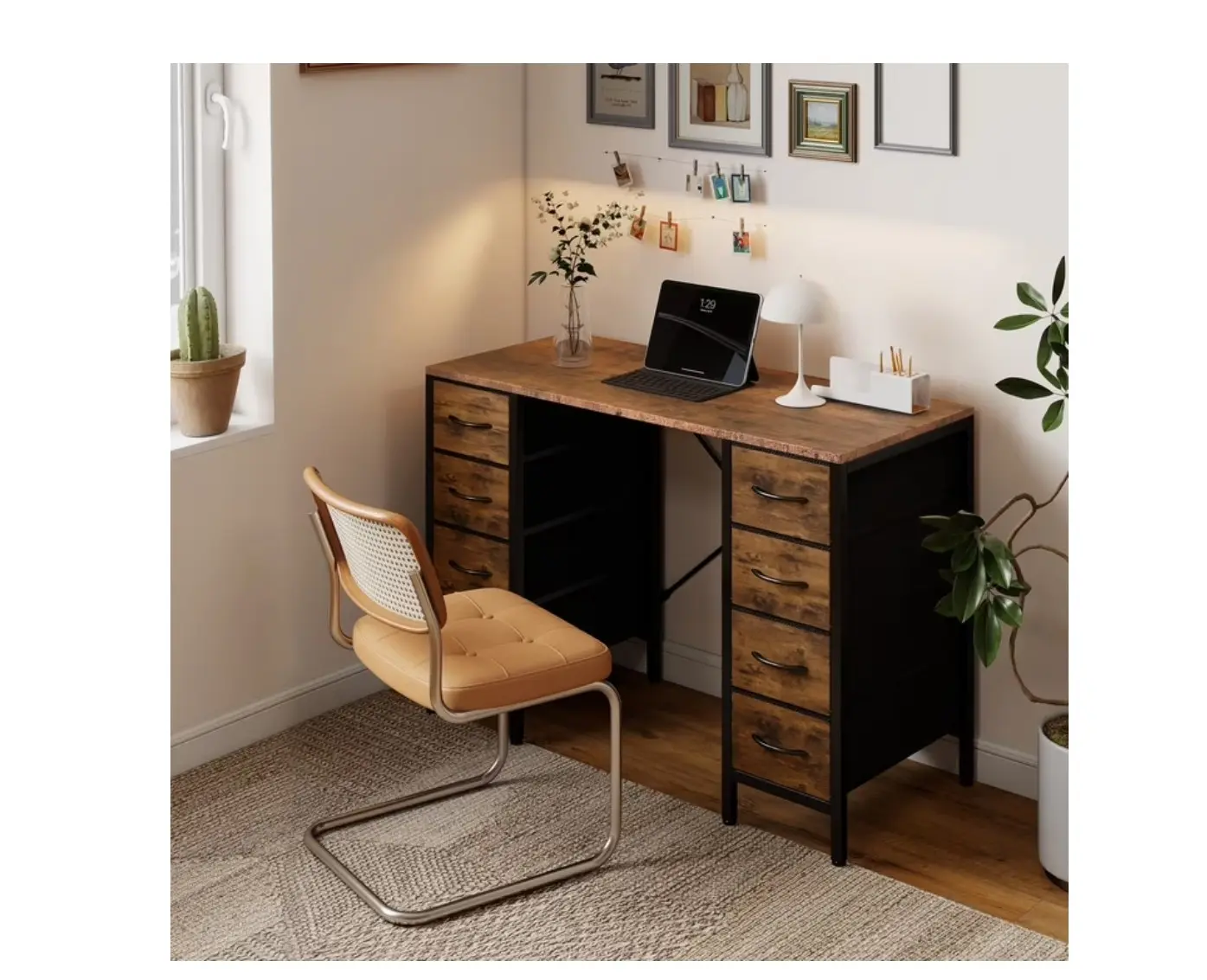 47 Inch Computer Desk with 8 Fabric Drawer, Home Office Desk with Power Outlets, Large Storage,Rust