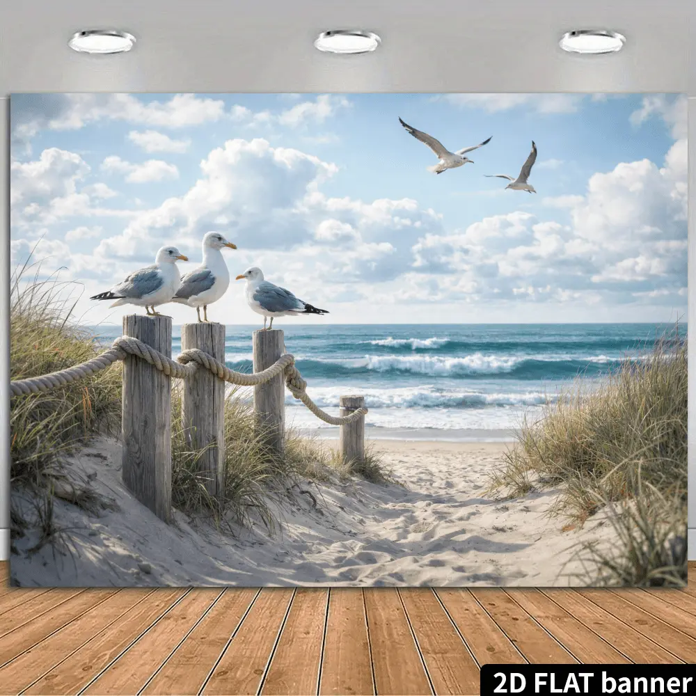2D Flat Banner Polyester Photography Backdrop, HD Digitally Printed Soft Lightweight Foldable Beach Ocean Seascape Background Cloth with Seagulls, Sand Dunes, and Blue Sky for Summer Vacation Party Decor, Portrait Photos, Video St