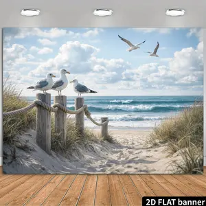 2D Flat Banner Polyester Photography Backdrop, HD Digitally Printed Soft Lightweight Foldable Beach Ocean Seascape Background Cloth with Seagulls, Sand Dunes, and Blue Sky for Summer Vacation Party Decor, Portrait Photos, Video St