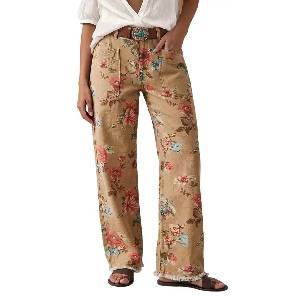 Flamingals Floral Print Patch Pocket Raw Hem Mid Rise Straight Leg Pants Without Belt Womenswear Stretchy 29.5" Inseam