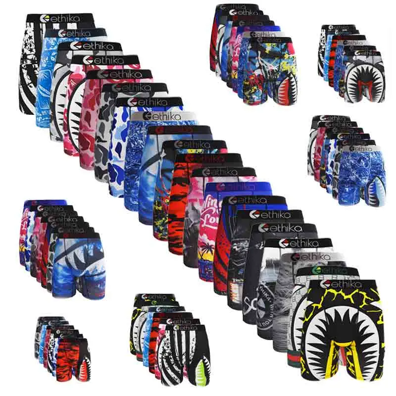 3/4/6Pcs Men’s Breathable Graphic Boxer Briefs Pack, Stretch Long Leg Streetwear Printed Underwear, Moisture Wicking Athletic Underpants for Sports & Daily Wear