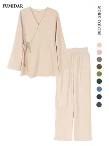 Women's Casual Loose-Fitting Tie Front Top & Pants Set, Elegant Daily Wear with Pockets, Comfortable Long Sleeve