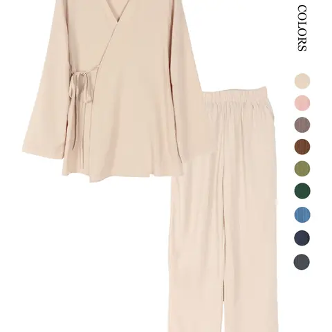 Women's Fashion Outfit Set, Wrap V‑Neck Tie‑Side Long Sleeve Loose-Fitting Tie Front Top and Elastic‑Waist Wide‑Leg Pants with Pockets Casual Comfort Daily Loungewear Drawstring