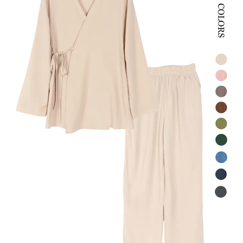 Women's Fashion Outfit Set, Wrap V‑Neck Tie‑Side Long Sleeve Loose-Fitting Tie Front Top and Elastic‑Waist Wide‑Leg Pants with Pockets Casual Comfort Daily Loungewear Drawstring