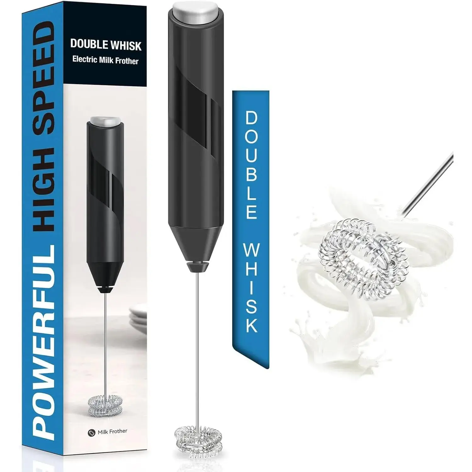 Black Cordless Double Coil Rotor Milk Foam Maker - Compact Handheld Electric Blender Stick, 304 Food Grade Stainless Steel Stirrer, High Speed Low-Noise Motor, AA Batteries Operated, Easy-to-Clean for Coffee, Hot Chocolate