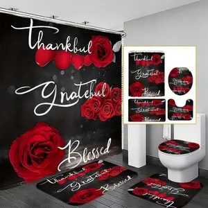 Luxurious Romantic Bathroom Set, Rose Flower Thankful Grateful Blessed Print, Waterproof Shower Curtain, Non-Slip Mat, Easy Clean