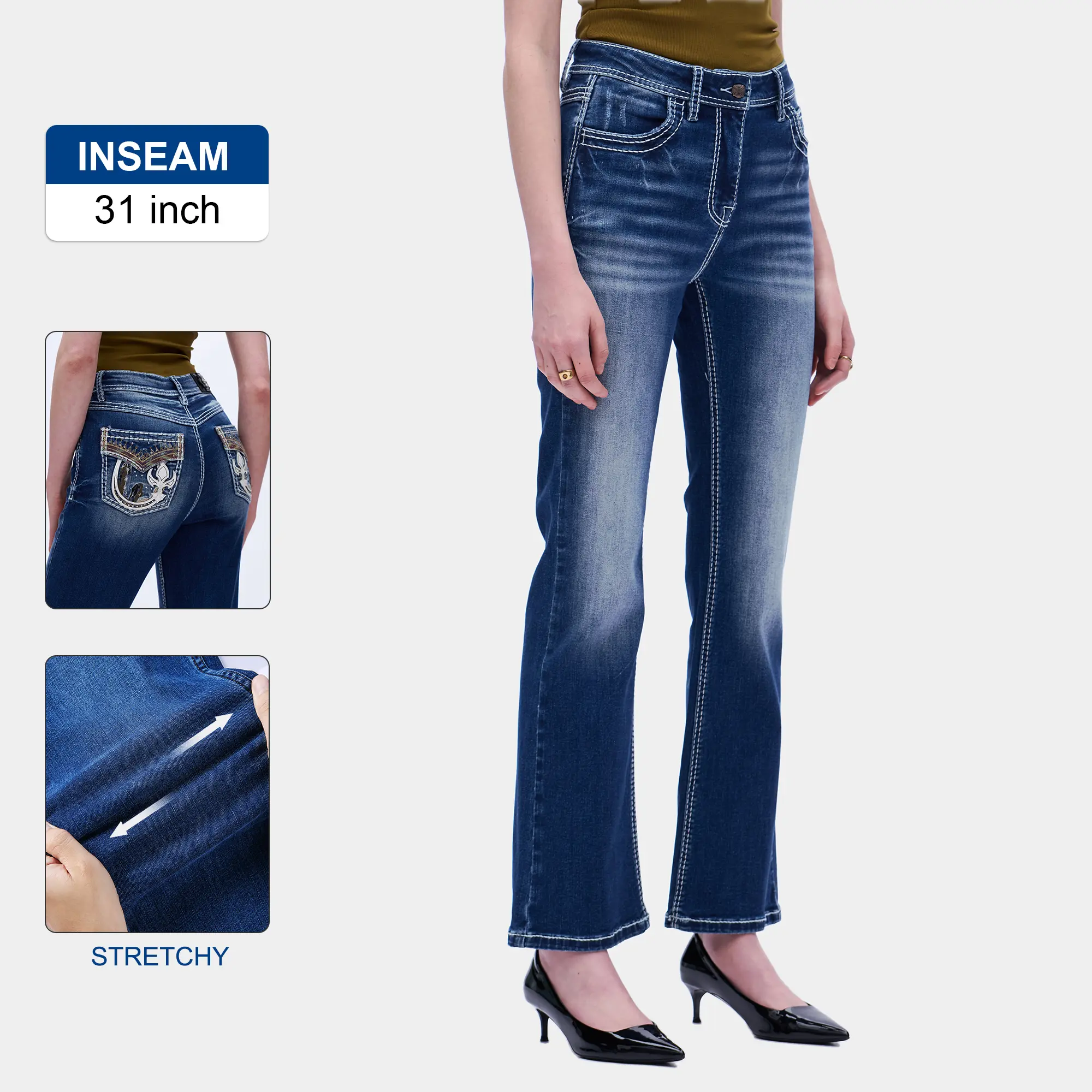 Classic Mid Rise Flare Jeans - Premium High Stretch Denim with Embroidered Back Pockets & Zipper Closure