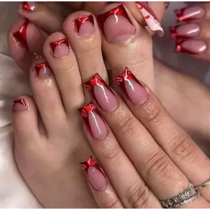 Red French Tips With Heart Designs Press On Nails And Toe Nails Set