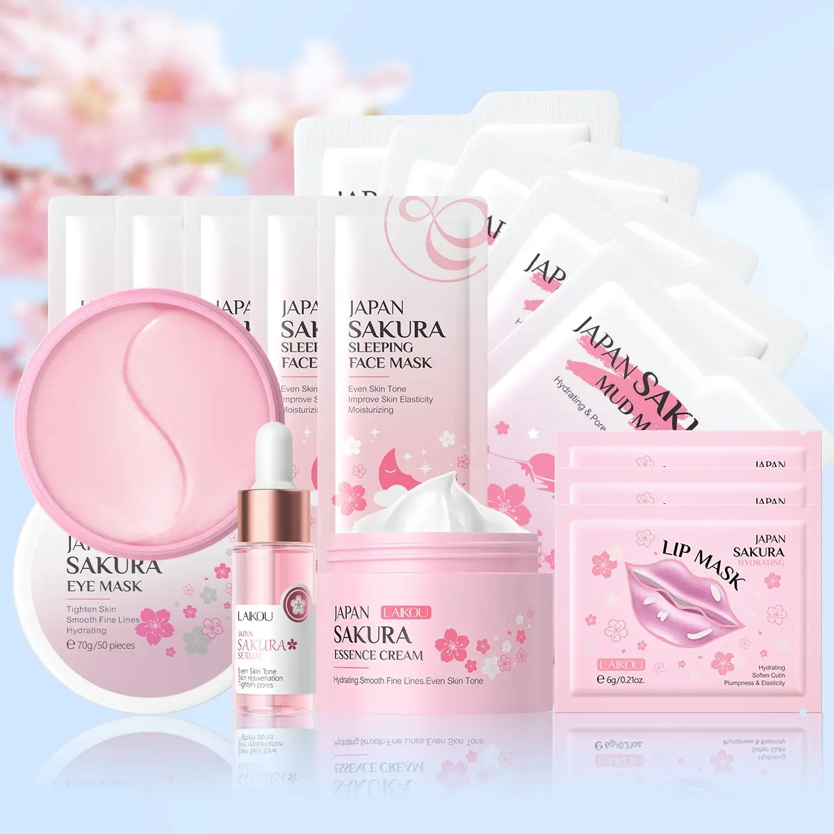 Sakura Skincare Set (16pcs/set), Sakura Eye Mask, Serum, Cream, Lip Mask, Sleeping Mask, Mud Mask, Moisturizing Skin Care Kit for Women, Moisturizing Hydrating Kit, Beauty Bundle Kit, Beauty Sets, Hydration Care Set