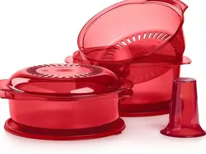 Stack Cooker - Red Microwave Cooking Set with 3 Casseroles, Colander, Cone & Seals for Quick Meals in Less Than 30 Minutes