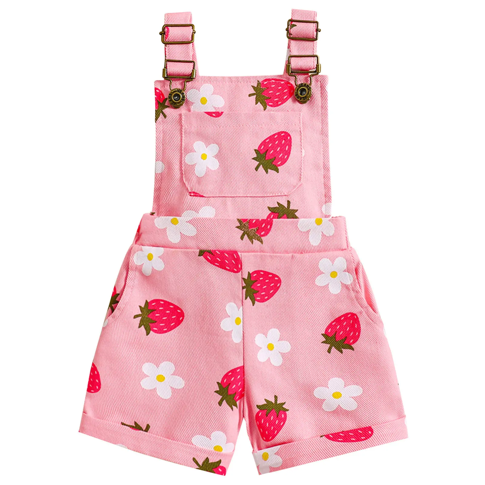 Toddler Baby Girl Flower/Strawberry Print Overalls Shorts with Pocket Denim Suspender Trousers Cute Summer Clothing Outfits