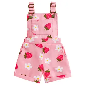 Toddler Baby Girl Flower/Strawberry Print Overalls Shorts with Pocket Denim Suspender Trousers Cute Summer Clothing Outfits